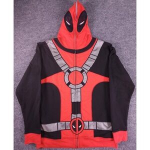 Marvel Deadpool Hoodie Mens Medium Red Black Full Zip Costume Mask Hood Cosplay